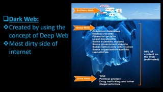 Dark Web:
Created by using the
concept of Deep Web
Most dirty side of
internet
 