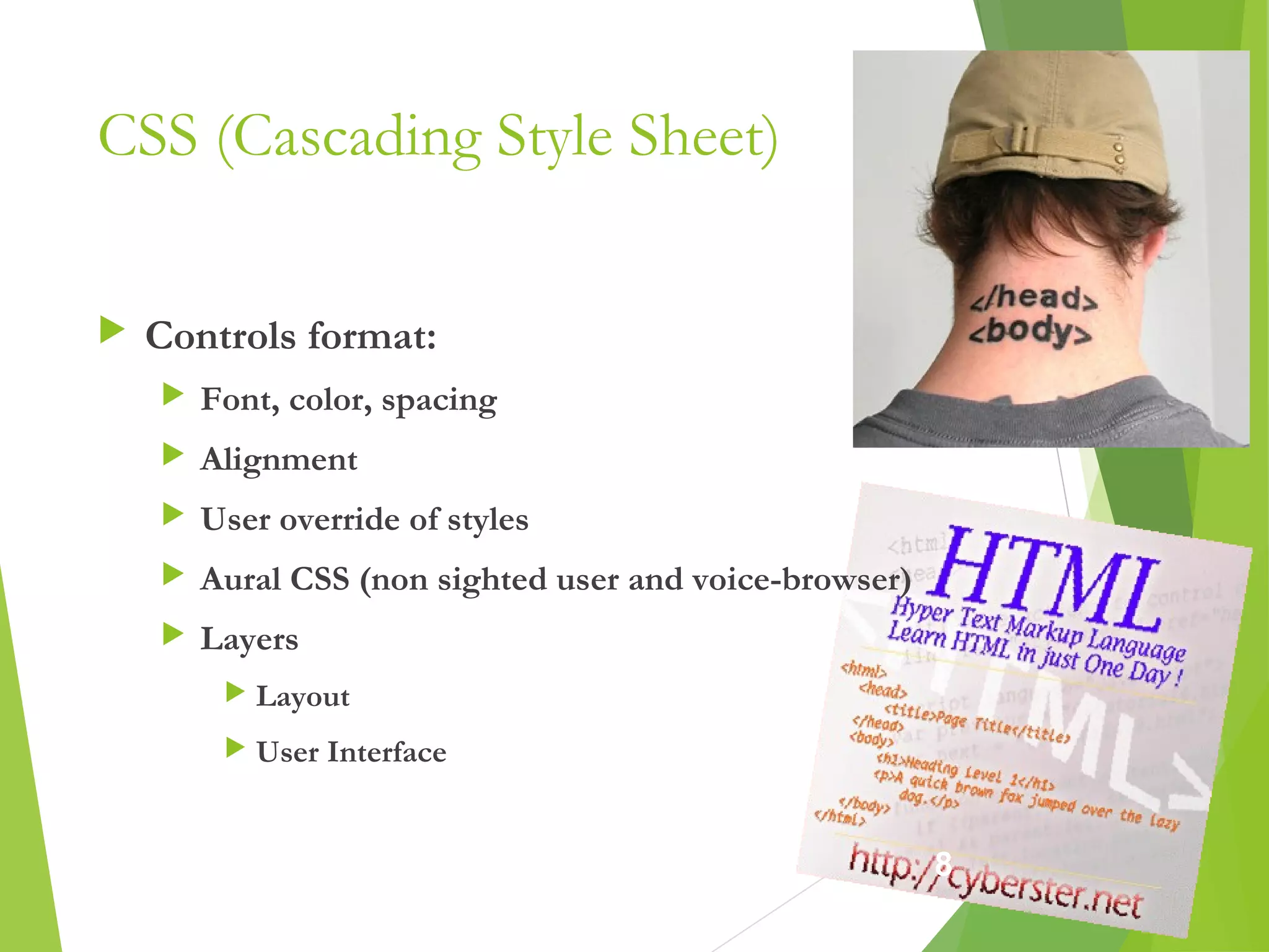 CSS (Cascading Style Sheet)
 Controls format:
 Font, color, spacing
 Alignment
 User override of styles
 Aural CSS (non sighted user and voice-browser)
 Layers
 Layout
 User Interface
8
 