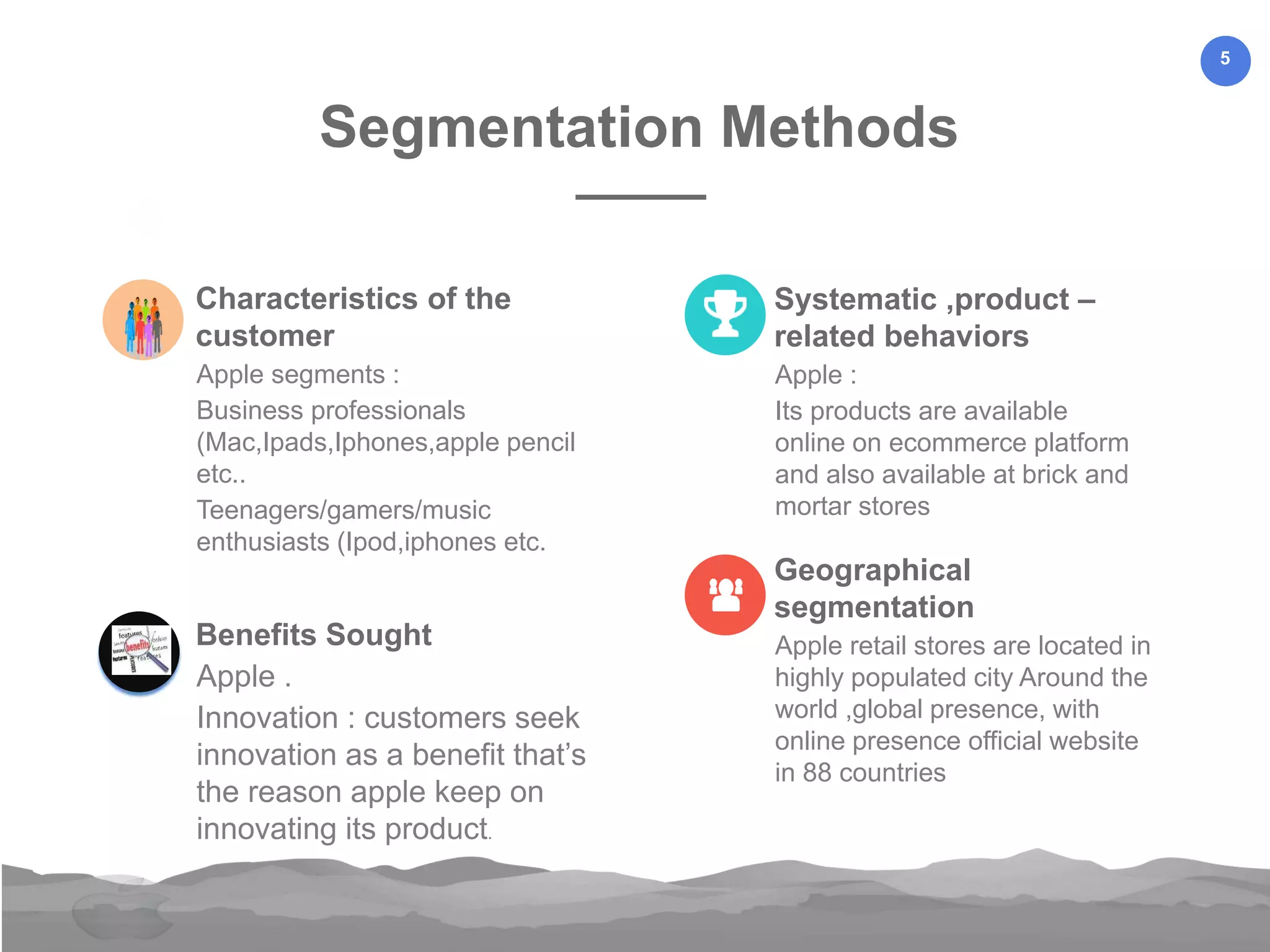 5
Characteristics of the
customer
Apple segments :
Business professionals
(Mac,Ipads,Iphones,apple pencil
etc..
Teenagers/gamers/music
enthusiasts (Ipod,iphones etc.
Systematic ,product –
related behaviors
Apple :
Its products are available
online on ecommerce platform
and also available at brick and
mortar stores
Benefits Sought
Apple .
Innovation : customers seek
innovation as a benefit that’s
the reason apple keep on
innovating its product.
Geographical
segmentation
Apple retail stores are located in
highly populated city Around the
world ,global presence, with
online presence official website
in 88 countries
Segmentation Methods
 