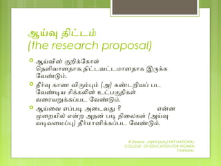 ஆயவ திடடம்
(the research proposal)
 ஆயவின் கறிகேகோள்
ெதளிவோனதோக,திடடவடடமோனதோக இரகக
ேவணடம்.
 தீரவ கோண விரமபம் (அ) கணடறியப் பட
ேவணடய சிககலன் உடபகதிகள்
வைரயறககபபட ேவணடம்.
 ஆயைவ எபபட அைடவத ? எனன
மைறயில் எனற அதன் பட நிைலகள் (அயவ
வடவைமபப) தீரமோனிககபபட ேவணடம்.
R.Deepa .,Mphil (edu) NKT NATIONAL
COLLEGE OF EDUCATION FOR WOMEN
CHENNAI.
 