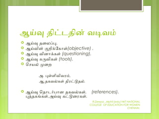 ஆயவ திடடதின் வடவம்
 ஆயவ தைலபப.
 ஆயவின் கறிகோகோள்(objective) .
 ஆயவ வினோககள் (questioning).
 ஆயவ கரவிகள் (tools).
 ெசயல் மைற
அ. பளளிவிவரம்,
ஆ.தகவலகள் திரடடதல்.
 ஆயவ ெதோடரபோன தகவலகள். (references).
பததகஙகள்,அயவ கடடைரகள்.
R.Deepa .,Mphil (edu) NKT NATIONAL
COLLEGE OF EDUCATION FOR WOMEN
CHENNAI.
 