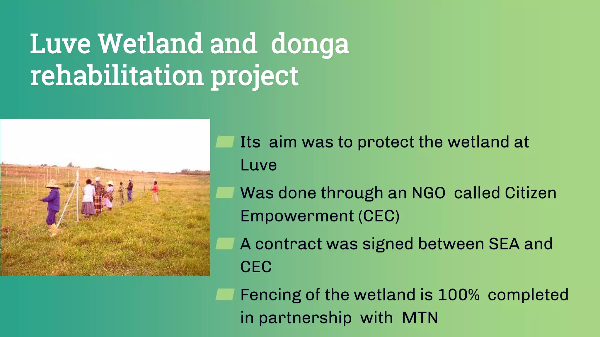 Luve Wetland and donga
rehabilitation project
▰ Its aim was to protect the wetland at
Luve
▰ Was done through an NGO called Citizen
Empowerment (CEC)
▰ A contract was signed between SEA and
CEC
▰ Fencing of the wetland is 100% completed
in partnership with MTN
 