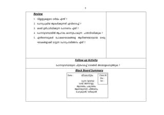 9 
Review 
1. hnÃÊpIfpsS [À½w F´v ? 
2. Zl{]{Inb Bcw`n¡p¶Xv FhnsSh¨v ? 
3. IcÄ DXv]mZn¸n¡p¶ Zlckw GXv ? 
4. ZlhyhØbnÂ Blmcw IS¶pt]mIp¶ ]mXhnhcn¡pI ? 
5. F³sskapIÄ t]mjILSI§sf BKncWtbmKyamb eLp 
LSI§fm¡n amäp¶ Zl{]hÀ¯w GXv ? 
Follow up Activity 
ZlhyhØbpsS Nn{Xwhc¨v `mK§Ä ASbmfs¸Sp¯pI ? 
Black Board Summary 
Date : Pohimkv{Xw Class:IX 
Div : 
Zl hyhØ Str : 
hmbv, A¶mfw, 
Bamibw, ]Izmibw, 
Btáb{KÙn, ]n¯ckw, 
sNdpIpSÂ, h³IpSÂ 
 