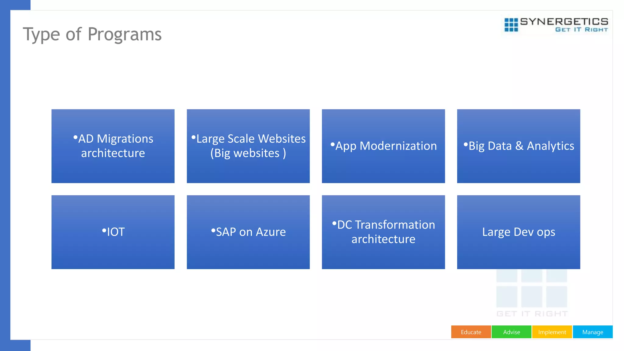 ManageImplementAdviseEducate
Type of Programs
•AD Migrations
architecture
•Large Scale Websites
(Big websites )
•App Modernization •Big Data & Analytics
•IOT •SAP on Azure
•DC Transformation
architecture
Large Dev ops
 
