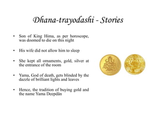 Dhana-trayodashi - Stories
• Son of King Hima, as per horoscope,
was doomed to die on this night
• His wife did not allow him to sleep
• She kept all ornaments, gold, silver at
the entrance of the room
• Yama, God of death, gets blinded by the
dazzle of brilliant lights and leaves
• Hence, the tradition of buying gold and
the name Yama Deepdān
 