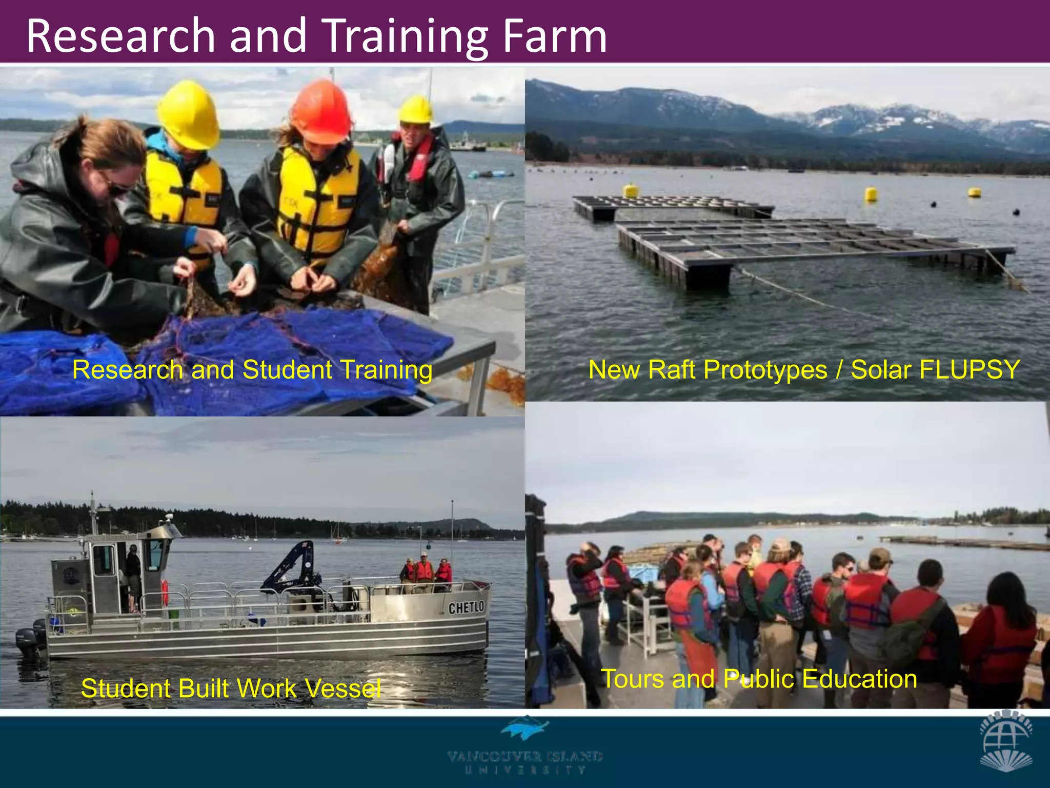 Research and Training Farm




  Research and Student Training   New Raft Prototypes / Solar FLUPSY




  Student Built Work Vessel       Tours and Public Education
 