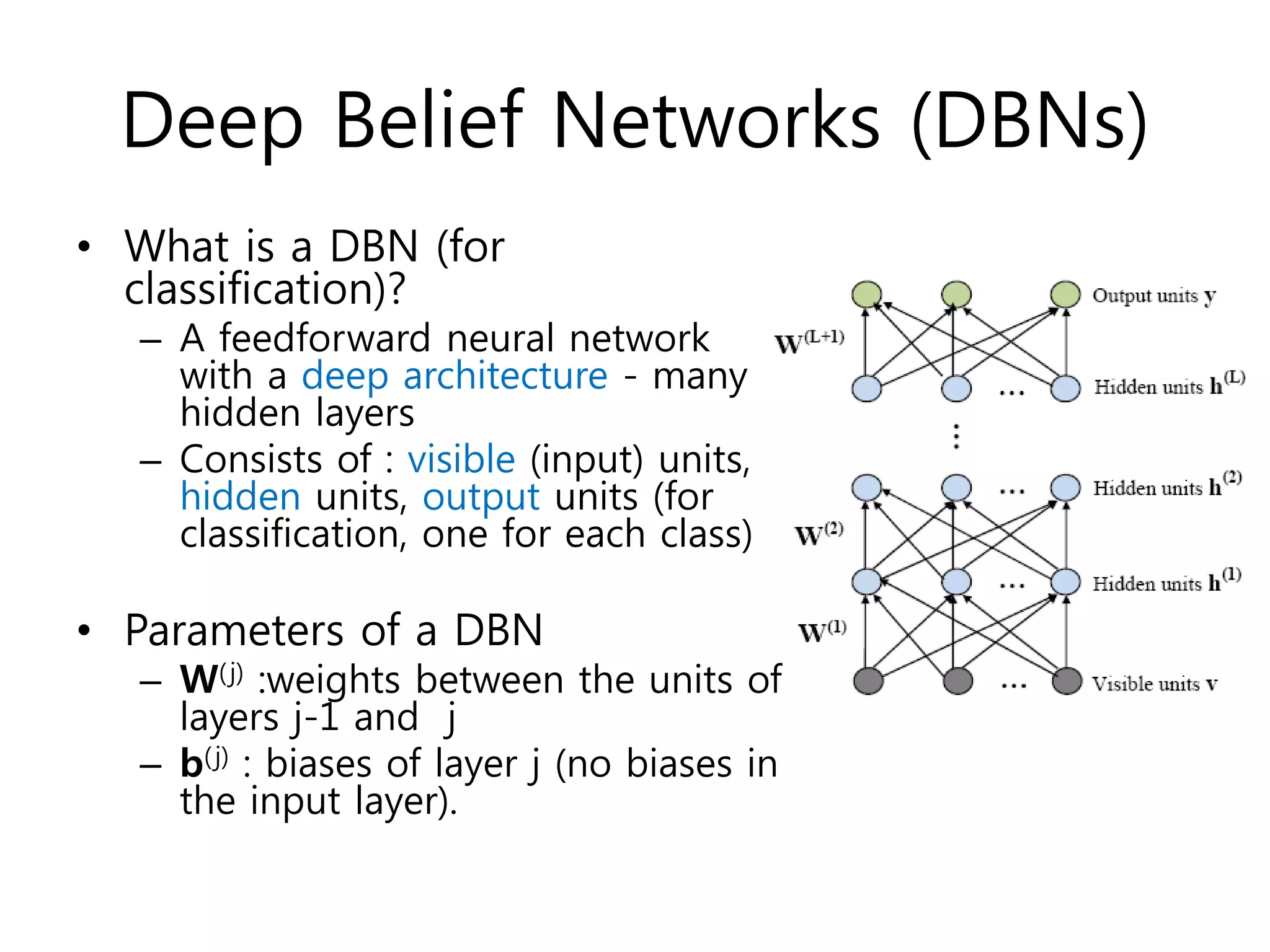 Deep Belief Networks (DBNs)
• What is a DBN (for
classification)?
– A feedforward neural network
with a deep architecture - many
hidden layers
– Consists of : visible (input) units,
hidden units, output units (for
classification, one for each class)
• Parameters of a DBN
– W(j) :weights between the units of
layers j-1 and j
– b(j) : biases of layer j (no biases in
the input layer).
 
