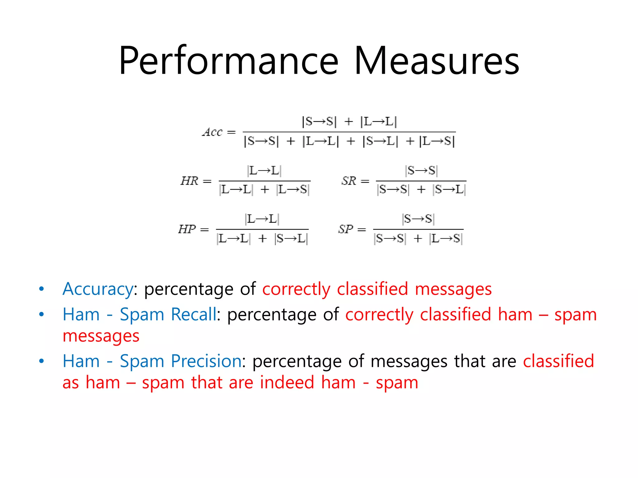 Performance Measures
• Accuracy: percentage of correctly classified messages
• Ham - Spam Recall: percentage of correctly classified ham – spam
messages
• Ham - Spam Precision: percentage of messages that are classified
as ham – spam that are indeed ham - spam
 