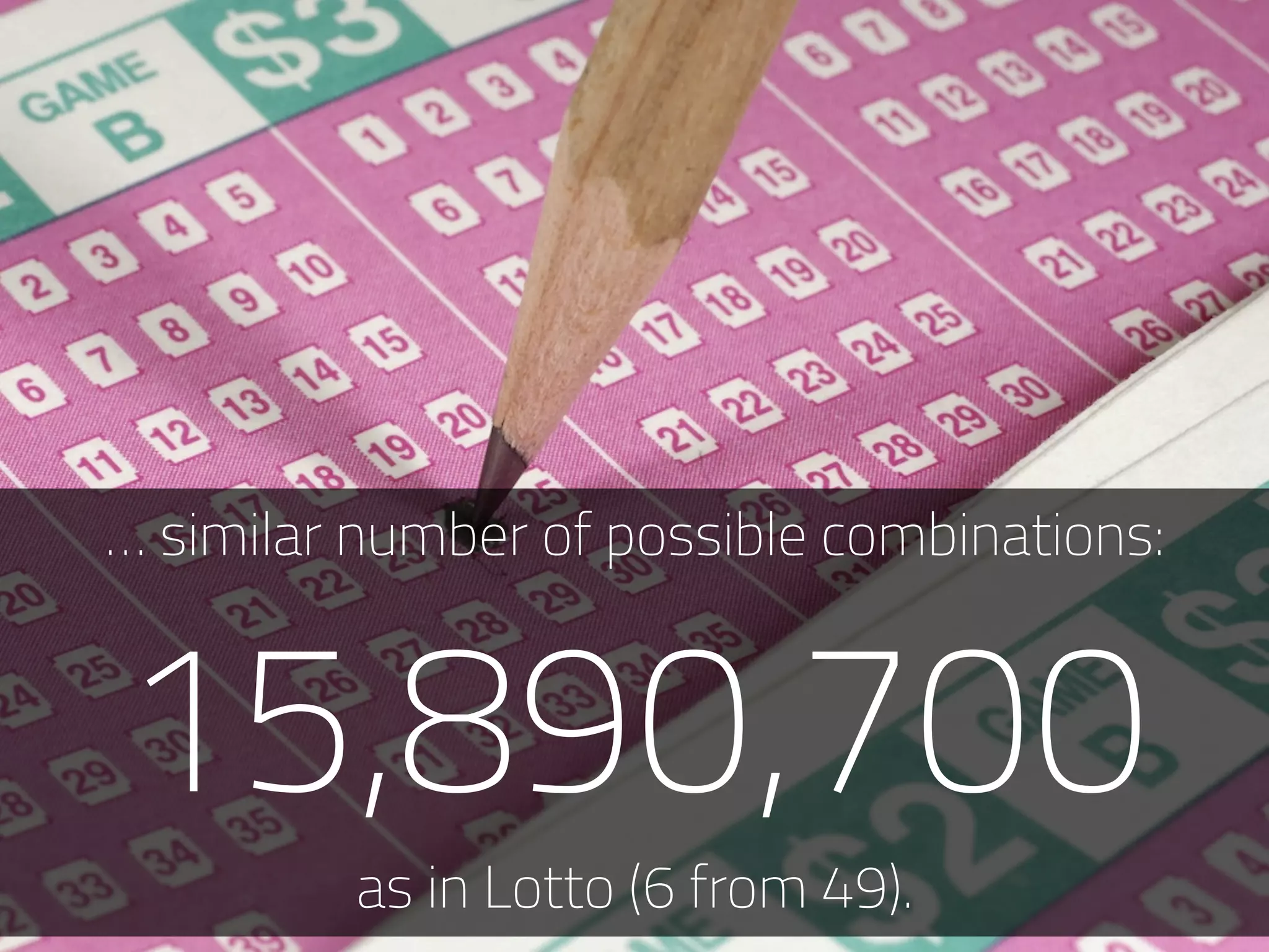 … similar number of possible combinations:
15,890,700
as in Lotto (6 from 49).
 