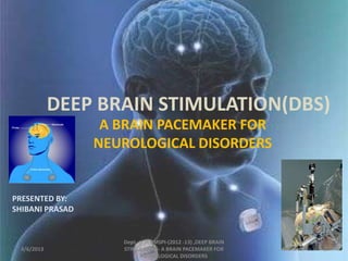 DEEP BRAIN STIMULATION(DBS)
A BRAIN PACEMAKER FOR
NEUROLOGICAL DISORDERS

PRESENTED BY:
SHIBANI PRASAD

4/6/2013

Dept. of IT,BMSPI-(2012 -13) ,DEEP BRAIN
STIMULATION- A BRAIN PACEMAKER FOR
NEUROLOGICAL DISORDERS

1

 