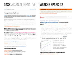 Dask as an alternative to apache spark #2
http://dask.pydata.org/en/latest/spark.html
Spark is mature and all-inclusive. I...