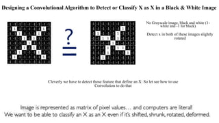 Designing a Convolutional Algorithm to Detect or Classify X as X in a Black & White Image
No Grayscale image, black and white (1-
white and -1 for black)
Detect x in both of these images slightly
rotated
Cleverly we have to detect those feature that define an X: So let see how to use
Convolution to do that
 