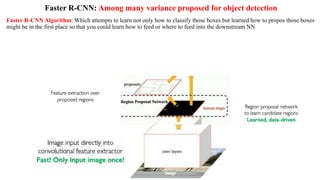 Faster R-CNN: Among many variance proposed for object detection
Faster R-CNN Algorithm: Which attempts to learn not only how to classify those boxes but learned how to propos those boxes
might be in the first place so that you could learn how to feed or where to feed into the downstream NN
 