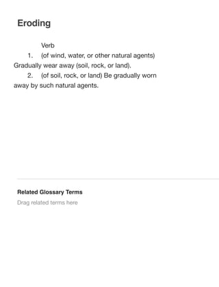 Eroding
	

	

Verb

	

1.	

(of wind, water, or other natural agents)

Gradually wear away (soil, rock, or land).
	

2.	

(of soil, rock, or land) Be gradually worn

away by such natural agents.
	

	

	

Related Glossary Terms
Drag related terms here

 