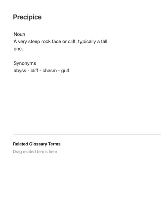 Precipice
Noun
A very steep rock face or cliﬀ, typically a tall
one.
Synonyms
abyss - cliﬀ - chasm - gulf

Related Glossary Terms
Drag related terms here

 