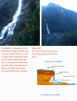 A Waterfall is a cascade of water

Valley Falls

falling from a height, formed when

and many more you will encoun-

a river or stream ﬂows over a cliﬀ

ter during the boat trip to Mana-

or steep incline. Waterfalls could

pouri.

be formed by earthquakes, glaciers, volcanoes and water erod-

A course of a waterfall

ing rock. Some examples of waterfalls you might see in Deep
Cove are Helena Falls, Hanging

A formation of a waterfall
4

 
