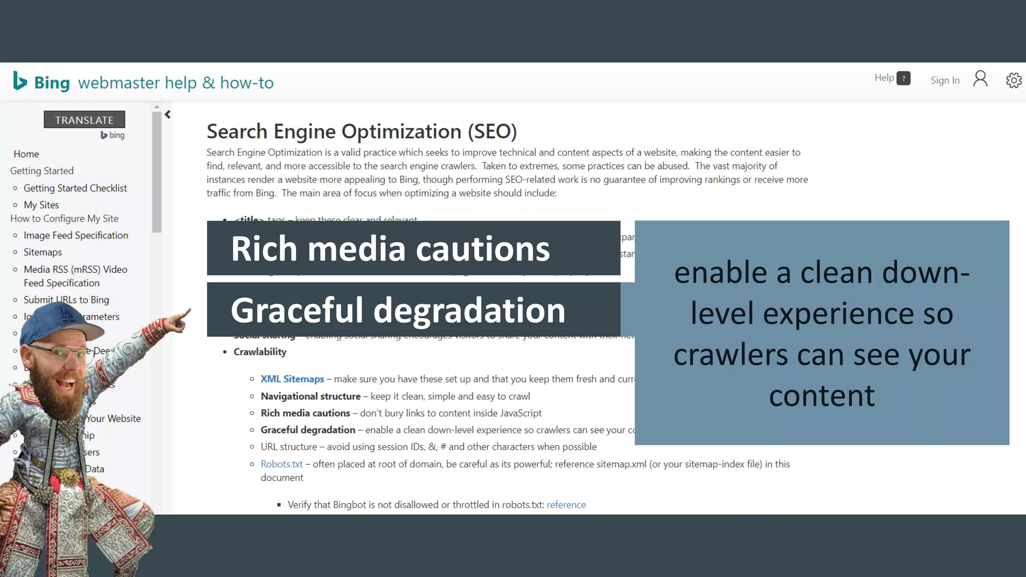 Rich media cautions
Graceful degradation
enable a clean down-
level experience so
crawlers can see your
content
 