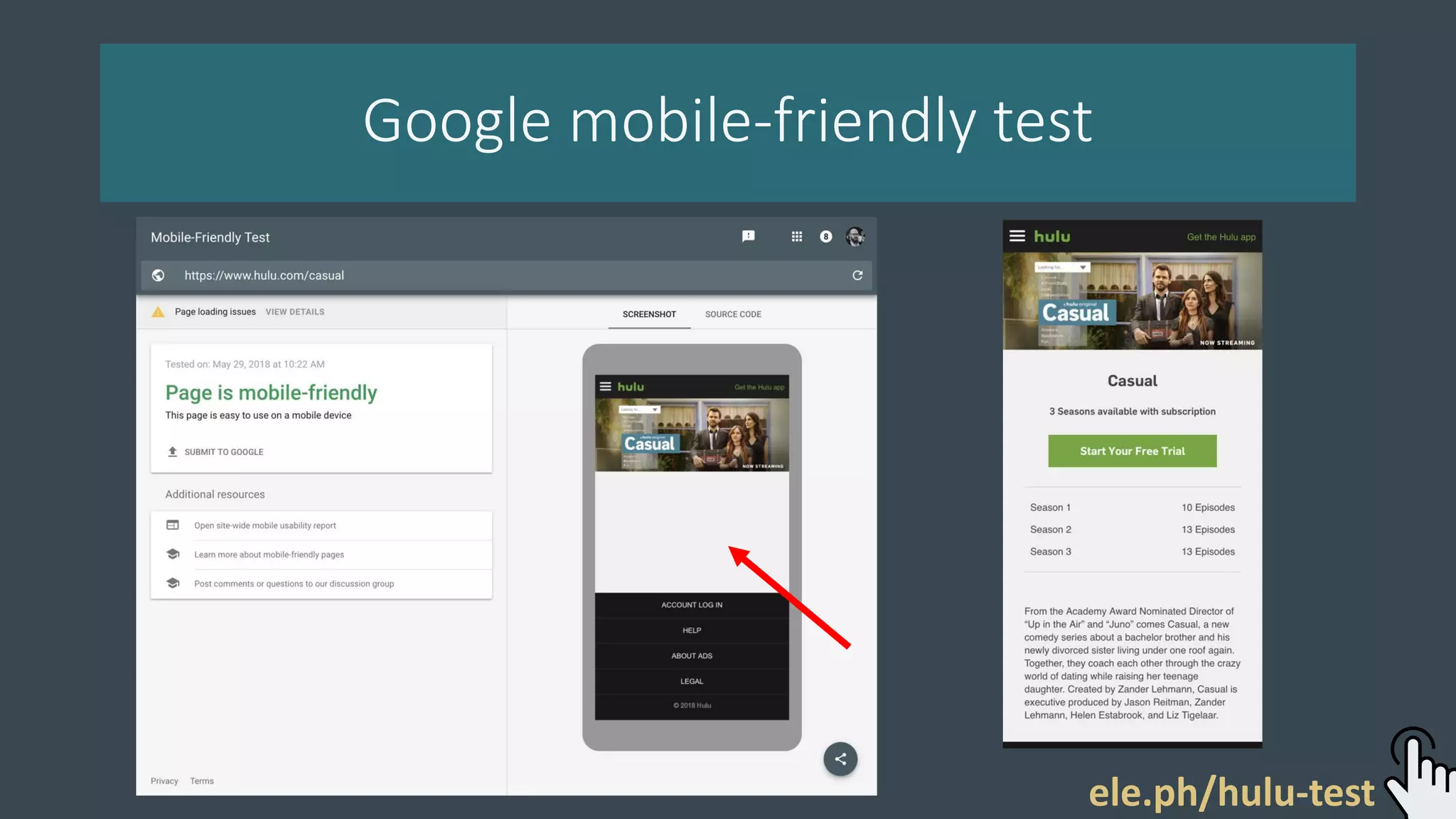 Google mobile-friendly test
ele.ph/hulu-test
 