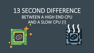 13 SECOND DIFFERENCE
BETWEEN A HIGH END CPU
AND A SLOW CPU (!)
 