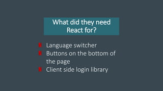 What did they need
React for?
Language switcher
Buttons on the bottom of
the page
Client side login library
 