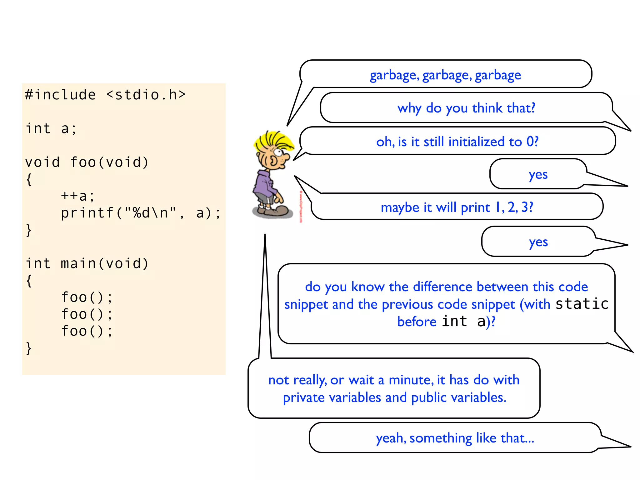 garbage, garbage, garbage
#include <stdio.h>
                                               why do you think that?
int a;
                                           oh, is it still initialized to 0?
void foo(void)
{                                                                        yes
    ++a;
    printf("%dn", a);                      maybe it will print 1, 2, 3?
}
                                                                          yes
int main(void)
{                              do you know the difference between this code
    foo();                 snippet and the previous code snippet (with static
    foo();                                   before int a)?
    foo();
}

                         not really, or wait a minute, it has do with
                           private variables and public variables.

                                           yeah, something like that...
 