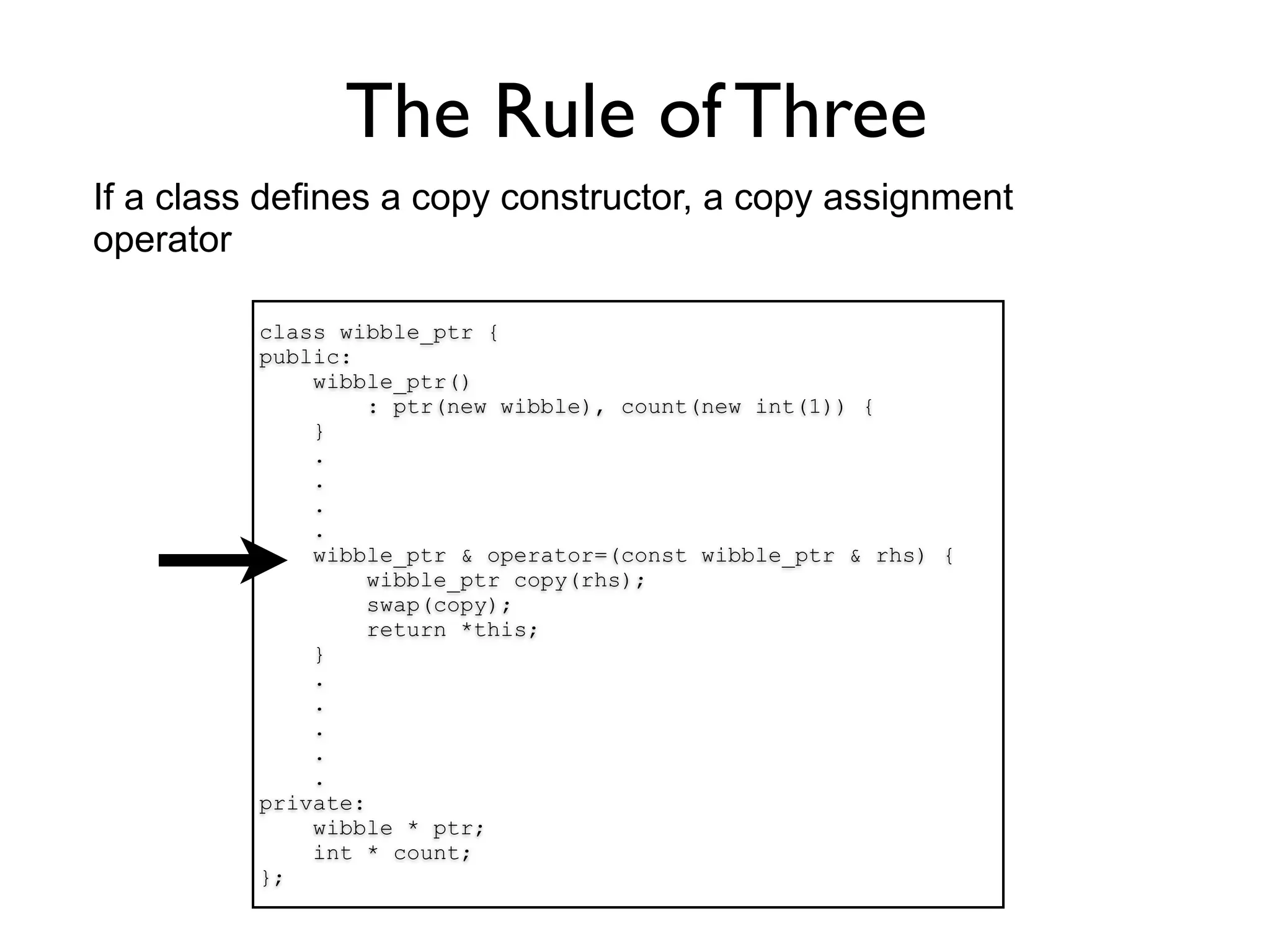 The Rule of Three
If a class defines a copy constructor, a copy assignment
operator

          class wibble_ptr {
          public:
              wibble_ptr()
                   : ptr(new wibble), count(new int(1)) {
              }
              .
              .
              .
              .
              wibble_ptr & operator=(const wibble_ptr & rhs) {
                   wibble_ptr copy(rhs);
                   swap(copy);
                   return *this;
              }
              .
              .
              .
              .
              .
          private:
              wibble * ptr;
              int * count;
          };
 