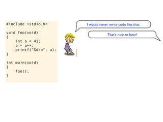 #include <stdio.h>       I would never write code like that.

void foo(void)
                                      That’s nice to hear!
{
    int a = 41;
    a = a++;
    printf("%dn", a);
}

int main(void)
{
    foo();
}
 