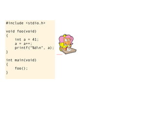 #include <stdio.h>

void foo(void)
{
    int a = 41;
    a = a++;
    printf("%dn", a);
}

int main(void)
{
    foo();
}
 