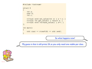 #include <iostream>

struct X
{
    int a;
    char b;
    int c;

     virtual void set_value(int v) { a = v; }
     virtual int get_value() { return a; }
     virtual void increase_value() { a++; }
};

int main()
{
    std::cout << sizeof(X) << std::endl;
}


                                        So what happens now?

My guess is that it still prints 24, as you only need one vtable per class.
 