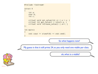 #include <iostream>

struct X
{
    int a;
    char b;
    int c;

     virtual void set_value(int v) { a = v; }
     virtual int get_value() { return a; }
     virtual void increase_value() { a++; }
};

int main()
{
    std::cout << sizeof(X) << std::endl;
}


                                        So what happens now?

My guess is that it still prints 24, as you only need one vtable per class.

                                           ok, what is a vtable?
 