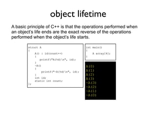 object lifetime
A basic principle of C++ is that the operations performed when
an object’s life ends are the exact reverse of the operations
performed when the object’s life starts.

        struct A                           int main()
        {                                  {
            A() : id(count++)                  A array[4];
            {                              }
               printf("A(%d)n", id);
            }
            ~A()                           A(0)
            {
                 printf("~A(%d)n", id);   A(1)
            }                              A(2)
            int id;                        A(3)
            static int count;
        };                                 ~A(3)
                                           ~A(2)
                                           ~A(1)
                                           ~A(0)
 