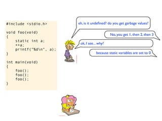 #include <stdio.h>       eh, is it undeﬁned? do you get garbage values?

void foo(void)
                                              No, you get 1, then 2, then 3
{
    static int a;
    ++a;                  ok, I see... why?
    printf("%dn", a);
}                                    because static variables are set to 0

int main(void)
{
    foo();
    foo();
    foo();
}
 