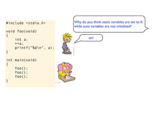 #include <stdio.h>       Why do you think static variables are set to 0,
                         while auto variables are not initialized?
void foo(void)
{
    int a;                        eh?
    ++a;
    printf("%dn", a);
}

int main(void)
{
    foo();
    foo();
    foo();
}
 