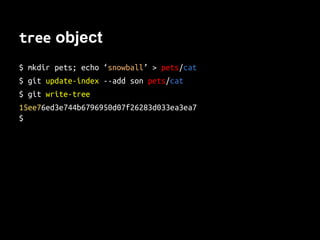 What `hash-object -w` did
hash_object_w(‘homern’)
# Save compressed header + content at sha1 path
def hash_object_w(content):
header = ‘blob %d0’ % len(content)
store = header + content
sha1 = sha.new(store).hexdigest()
 