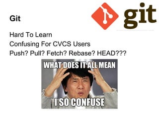 Git
Many Projects Use Git Because It’s Awesome
http://blog.appliedis.com/wp-content/uploads/2013/11/android1.png
http://upload.wikimedia.org/wikipedia/en/4/40/Octocat,_a_Mascot_of_Github.jpg
http://upload.wikimedia.org/wikipedia/commons/thumb/3/35/Tux.svg/512px-Tux.svg.png
http://git-scm.com/images/logos/downloads/Git-Logo-2Color.png
 