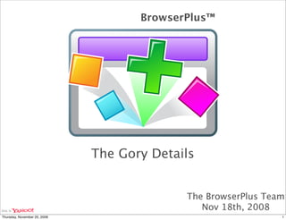 BrowserPlus™




                              The Gory Details


                                            The BrowserPlus Team
                                               Nov 18th, 2008
Thursday, November 20, 2008                                    1
 