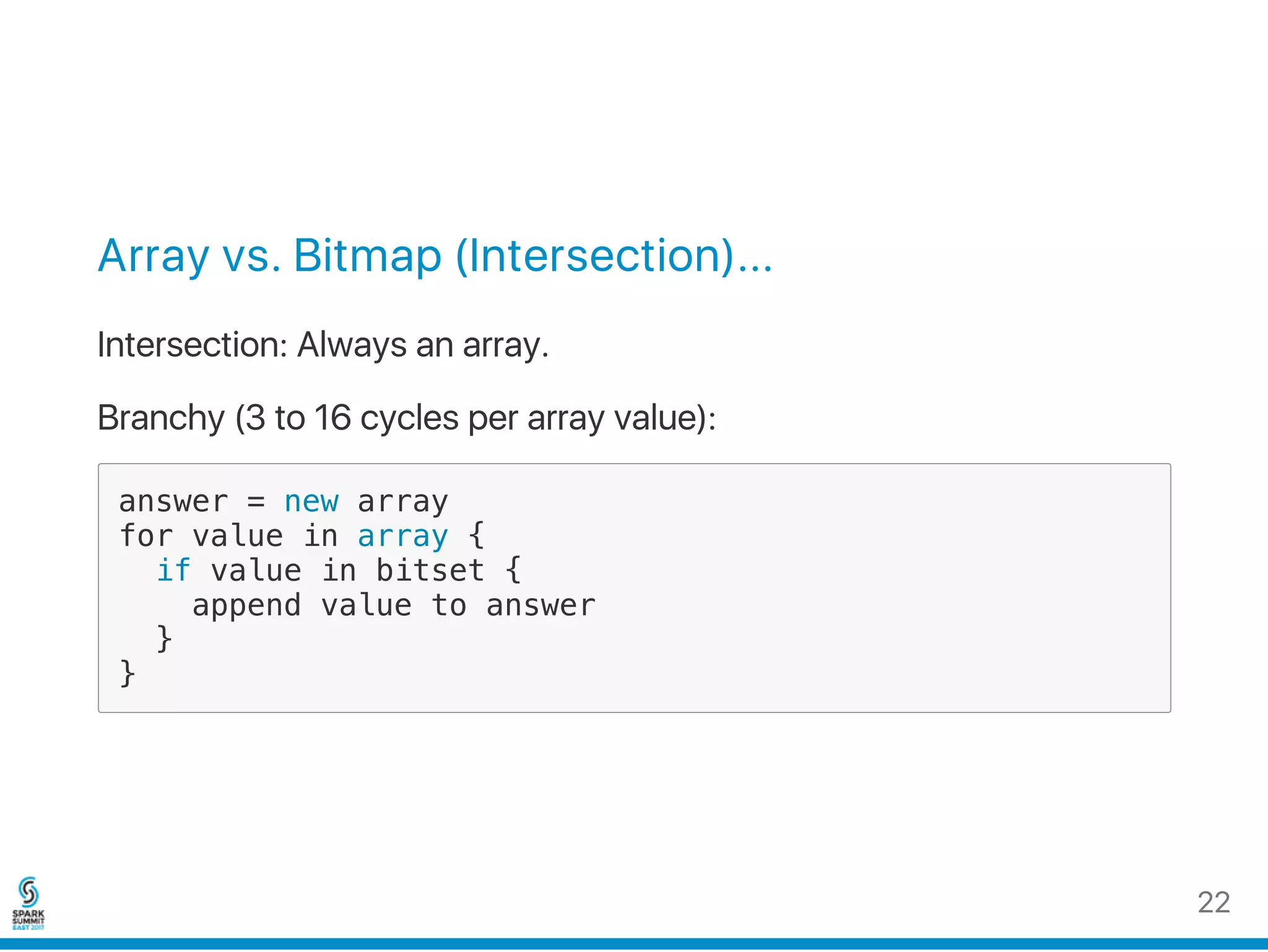 Array vs. Bitmap (Intersection)...
Intersection: Always an array.
Branchy (3 to 16 cycles per array value):
answer = new array
for value in array {
if value in bitset {
append value to answer
}
}
22
 