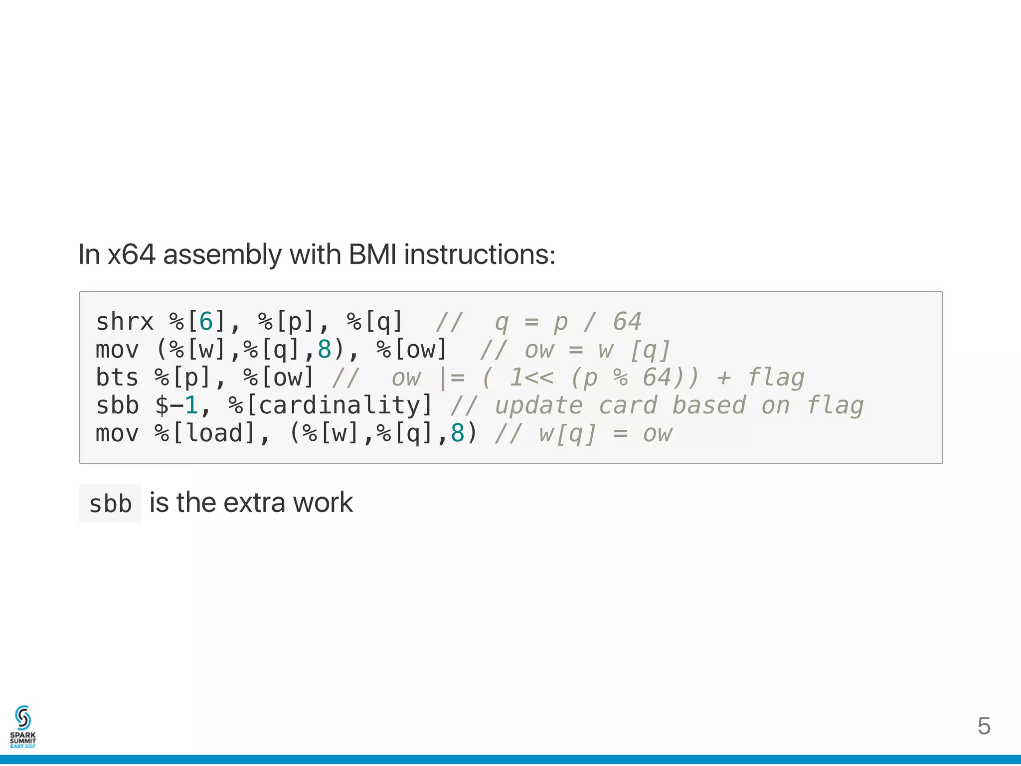 In x64 assembly with BMI instructions:
shrx %[6], %[p], %[q] // q = p / 64
mov (%[w],%[q],8), %[ow] // ow = w [q]
bts %[p], %[ow] // ow |= ( 1<< (p % 64)) + flag
sbb $-1, %[cardinality] // update card based on flag
mov %[load], (%[w],%[q],8) // w[q] = ow
 sbb is the extra work
5
 