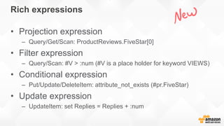 Rich expressions
• Projection expression
– Query/Get/Scan: ProductReviews.FiveStar[0]
• Filter expression
– Query/Scan: #V...
