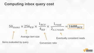 Computing inbox query cost
Items evaluated by query
Average item size
Conversion ratio
Eventually consistent reads
 