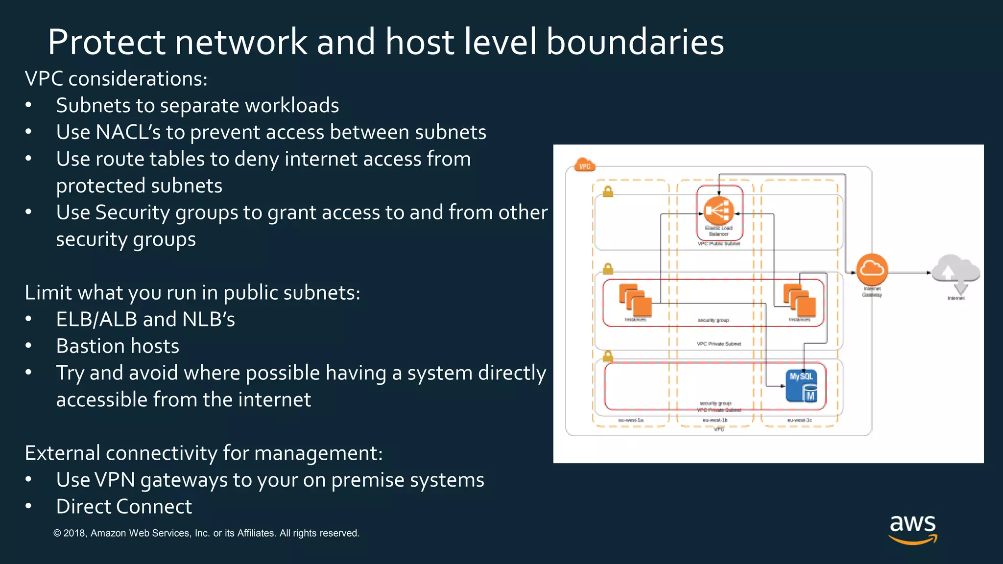 © 2018, Amazon Web Services, Inc. or its Affiliates. All rights reserved.
Protect network and host level boundaries
VPC considerations:
• Subnets to separate workloads
• Use NACL’s to prevent access between subnets
• Use route tables to deny internet access from
protected subnets
• Use Security groups to grant access to and from other
security groups
Limit what you run in public subnets:
• ELB/ALB and NLB’s
• Bastion hosts
• Try and avoid where possible having a system directly
accessible from the internet
External connectivity for management:
• UseVPN gateways to your on premise systems
• Direct Connect
 