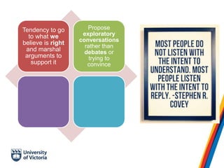 Tendency to go
to what we
believe is right
and marshal
arguments to
support it
Propose
exploratory
conversations
rather than
debates or
trying to
convince
 