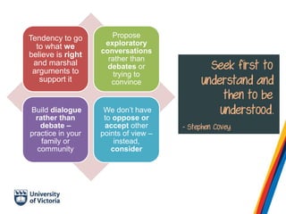 Tendency to go
to what we
believe is right
and marshal
arguments to
support it
Propose
exploratory
conversations
rather than
debates or
trying to
convince
Build dialogue
rather than
debate –
practice in your
family or
community
We don’t have
to oppose or
accept other
points of view –
instead,
consider
 