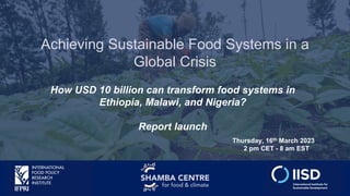 Achieving Sustainable Food Systems in a
Global Crisis
Thursday, 16th March 2023
2 pm CET - 8 am EST
How USD 10 billion can transform food systems in
Ethiopia, Malawi, and Nigeria?
Report launch
 