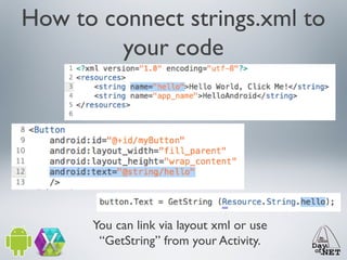 How to connect strings.xml to
your code

You can link via layout xml or use
“GetString” from your Activity.

 