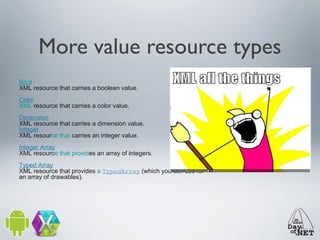 More value resource types
Bool
XML resource that carries a boolean value.
Color
XML resource that carries a color value.
Dimension
XML resource that carries a dimension value.
Integer
XML resource that carries an integer value.
Integer Array
XML resource that provides an array of integers.
Typed Array
XML resource that provides a TypedArray (which you can use for
an array of drawables).

 
