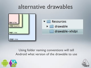 alternative drawables

Using folder naming conventions will tell
Android what version of the drawable to use

 