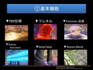 ①基本機能
▼PBR仕様 ▼フレネル ▼Emissiveと点滅
▼Texture
Animation ▼Detail Map ▼Texture Blend
Ⓒ2016 BYKING Inc. All rights reserved.
Ⓒ2015-2016 EXIGE GAMES Sdn.Bhd. All rights reserved.
 