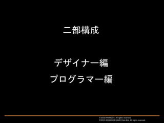 二部構成
デザイナー編
プログラマー編
Ⓒ2016 BYKING Inc. All rights reserved.
Ⓒ2015-2016 EXIGE GAMES Sdn.Bhd. All rights reserved.
 