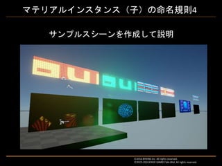 Ⓒ2016 BYKING Inc. All rights reserved.
Ⓒ2015-2016 EXIGE GAMES Sdn.Bhd. All rights reserved.
マテリアルインスタンス（子）の命名規則4
サンプルスシーンを作成して説明
 
